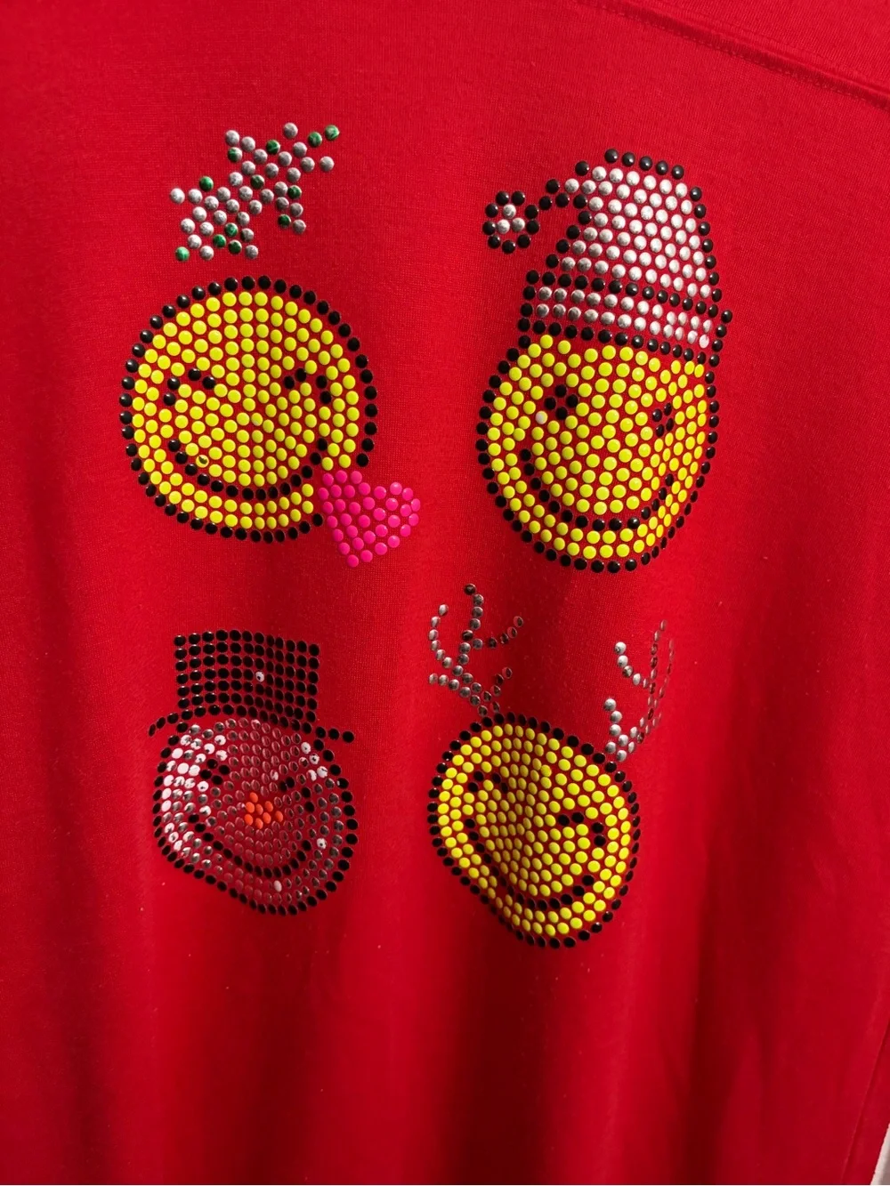Red Holiday Smile Face Sequin Long Sleeve Top